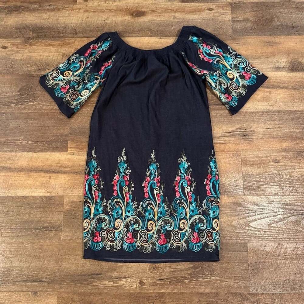 Dark Blue Embroidered Floral Boho Off-Shoulder Dress Feminine Preppy Vacation